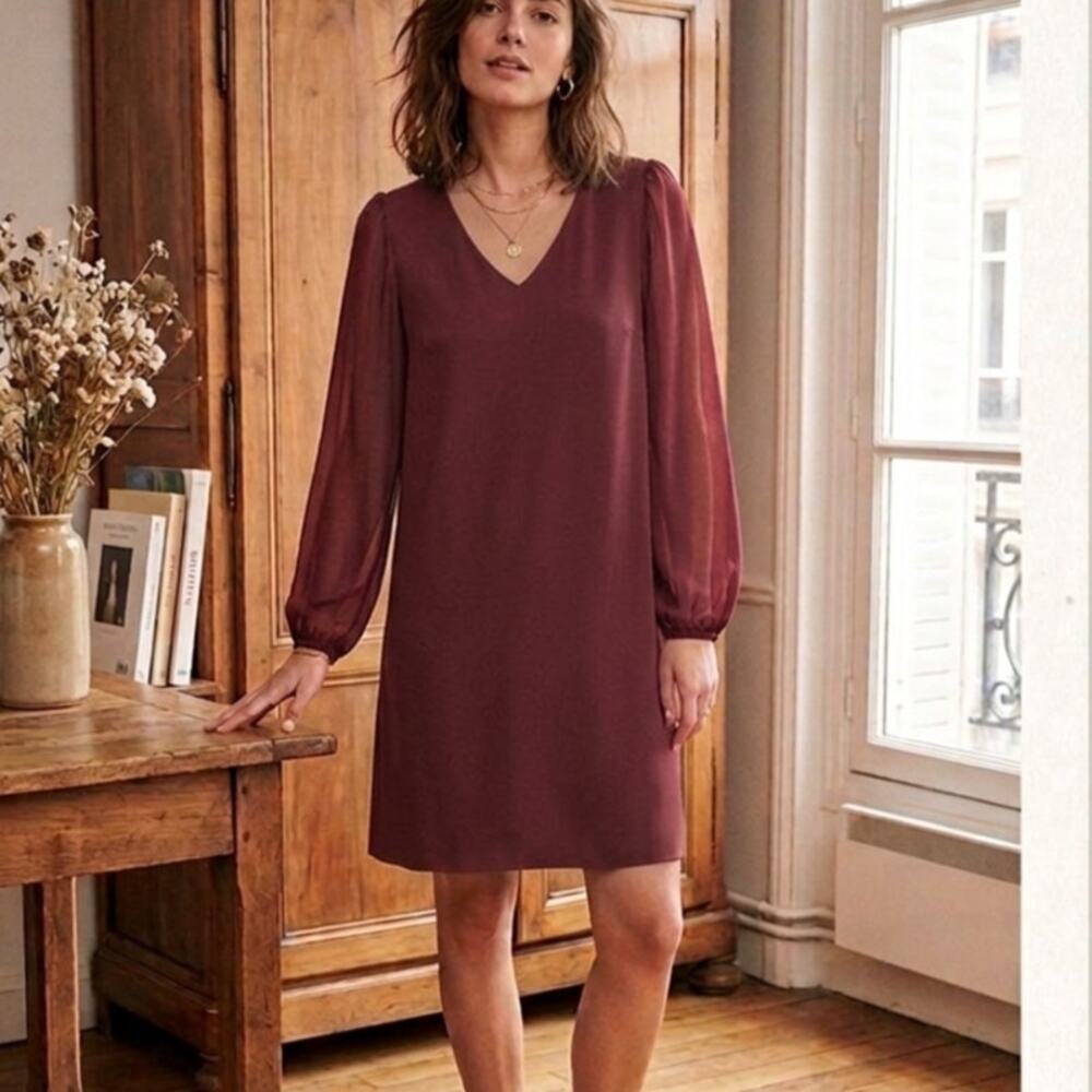 Naf Naf V-neckline burgundy shift dress with sheer puff sleeves
